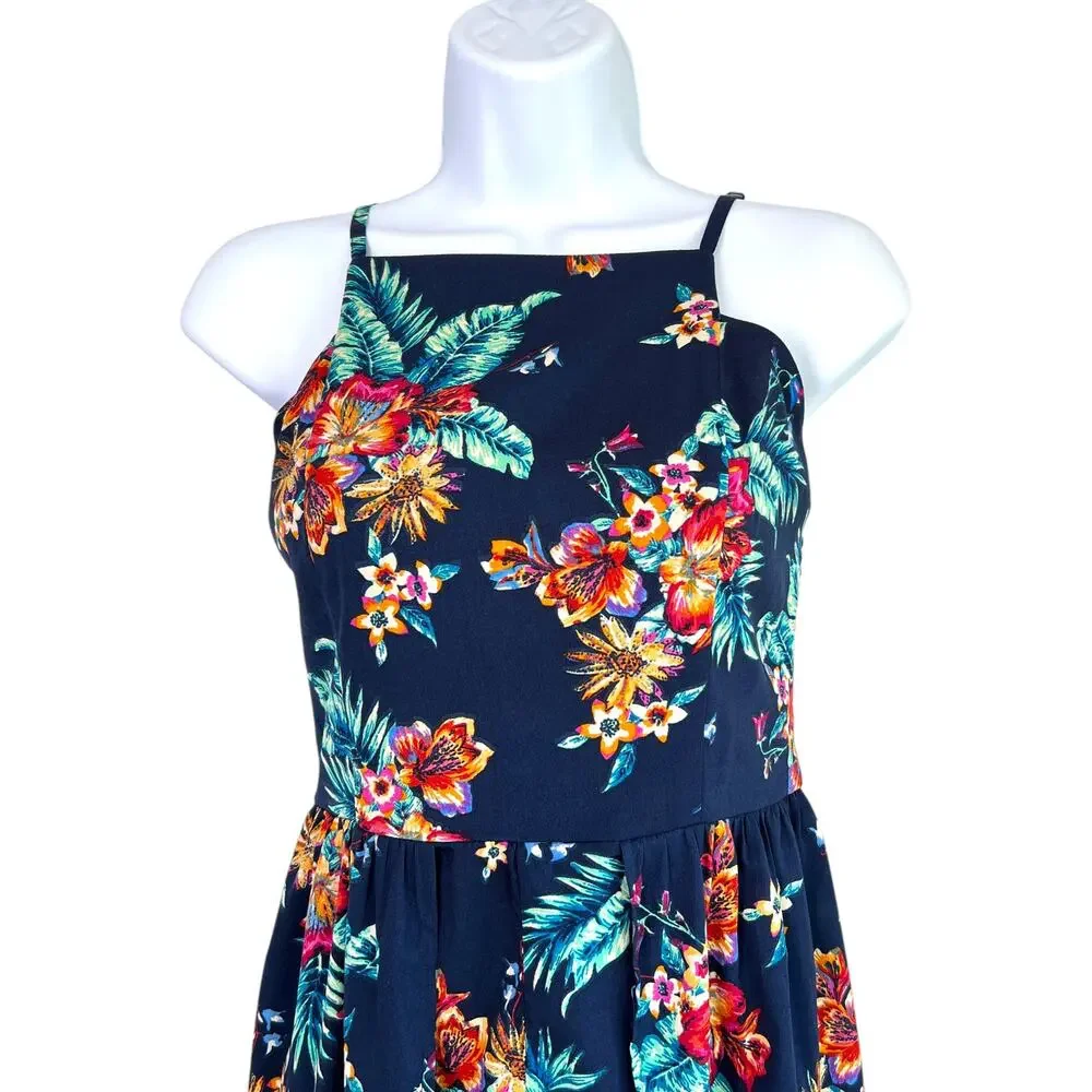 Band of Gypsies Floral Romper Dress Sz S Navy Tropical Maxi Overlay Boho Resort - Picture 2 of 5